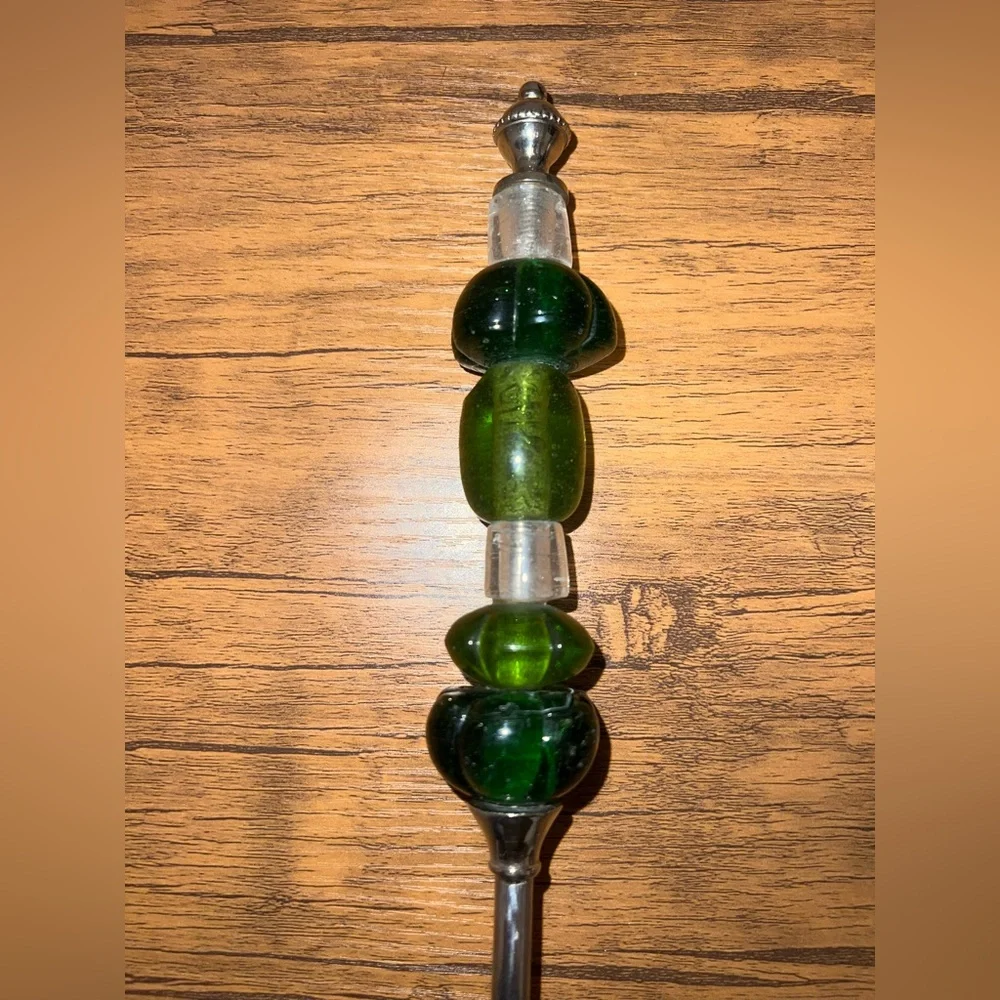 Vintage Pottery Barn Y2K Long Green Beaded Serving Spoon and Fork Set No Box